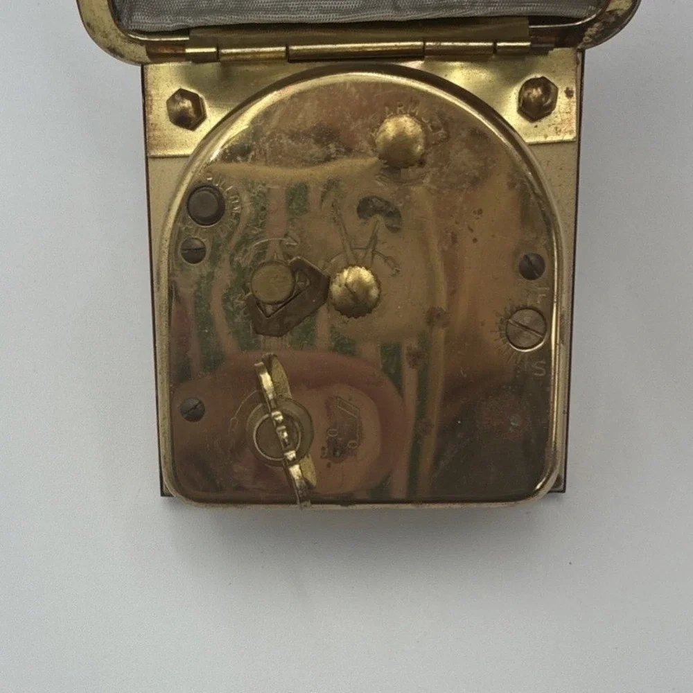 Vintage Europa Music Alarm 2 Jewels Travel Clock Gold Tone Folding Case Germany
